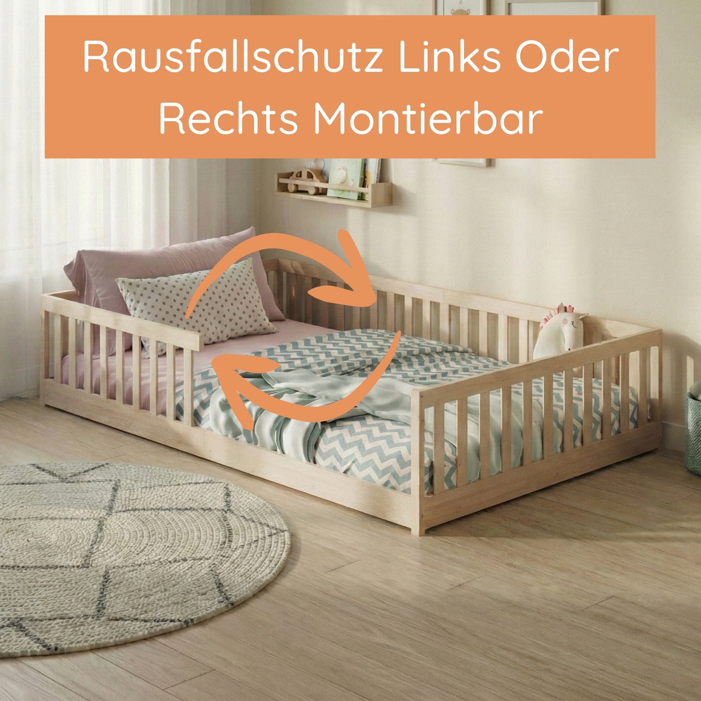 Kinderbett Bodenbett 90x200 | 120x200 | 140x200 cm mit Rausfallschutz & Lattenrost Montessori Bett Bed Gitterbett Kinder Jugendbett Einzelbett optional mit Matratze