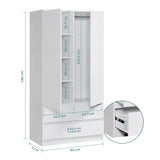 Moderner Kleiderschrank Weiß mit Schubladen | 2-türiger Kleiderschrank Garderobenschrank mit Regalböden, Kleiderstange und 2 Schubladen für Schlafzimmer, Kinderzimmer, Flur | 90x51x182 cm