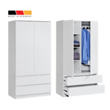 Moderner Kleiderschrank Weiß mit Schubladen | 2-türiger Kleiderschrank Garderobenschrank mit Regalböden, Kleiderstange und 2 Schubladen für Schlafzimmer, Kinderzimmer, Flur | 90x51x182 cm