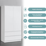 Moderner Kleiderschrank Weiß mit Schubladen | 2-türiger Kleiderschrank Garderobenschrank mit Regalböden, Kleiderstange und 2 Schubladen für Schlafzimmer, Kinderzimmer, Flur | 90x51x182 cm