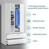 Moderner Kleiderschrank Weiß mit Schubladen | 2-türiger Kleiderschrank Garderobenschrank mit Regalböden, Kleiderstange und 2 Schubladen für Schlafzimmer, Kinderzimmer, Flur | 90x51x182 cm