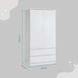 Moderner Kleiderschrank Weiß mit Schubladen | 2-türiger Kleiderschrank Garderobenschrank mit Regalböden, Kleiderstange und 2 Schubladen für Schlafzimmer, Kinderzimmer, Flur | 90x51x182 cm