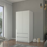 Moderner Kleiderschrank weiss mit Schubladen | 2-türiger Kleiderschrank Garderobenschrank | Platzsparender Schrank für Schlafzimmer, Ankleidezimmer, Flur, Kinderzimmer | 90x51x182 cm (LxBxH)