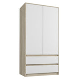 Moderner Kleiderschrank weiss mit Schubladen | 2-türiger Kleiderschrank Garderobenschrank | Platzsparender Schrank für Schlafzimmer, Ankleidezimmer, Flur, Kinderzimmer | 90x51x182 cm (LxBxH)