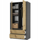 Moderner Kleiderschrank weiss mit Schubladen | 2-türiger Kleiderschrank Garderobenschrank | Platzsparender Schrank für Schlafzimmer, Ankleidezimmer, Flur, Kinderzimmer | 90x51x182 cm (LxBxH)