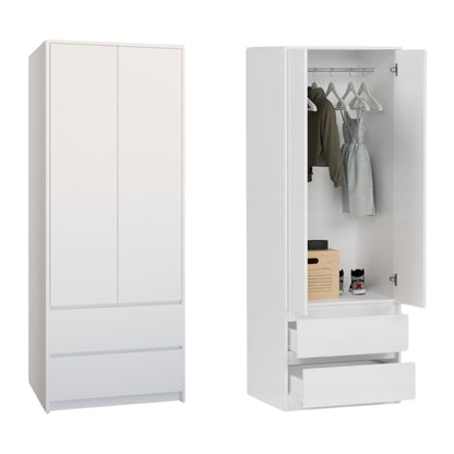 Moderner Kleiderschrank mit 2 Schubladen, 2-türiger Kleiderschrank Garderobenschrank, Platzsparender Schrank für Schlafzimmer, Ankleidezimmer, Flur, Kinderzimmer, 63x55x180 cm (BxTxH)