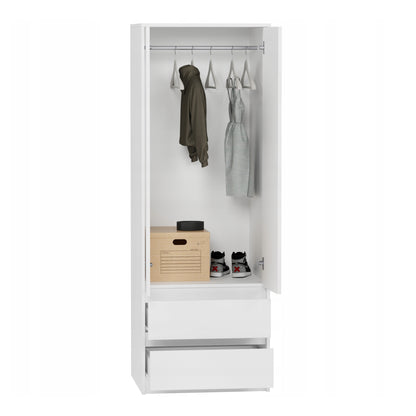 Moderner Kleiderschrank mit 2 Schubladen, 2-türiger Kleiderschrank Garderobenschrank, Platzsparender Schrank für Schlafzimmer, Ankleidezimmer, Flur, Kinderzimmer, 63x55x180 cm (BxTxH)