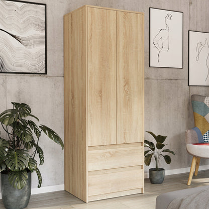 Moderner Kleiderschrank mit 2 Schubladen, 2-türiger Kleiderschrank Garderobenschrank, Platzsparender Schrank für Schlafzimmer, Ankleidezimmer, Flur, Kinderzimmer, 63x55x180 cm (BxTxH)