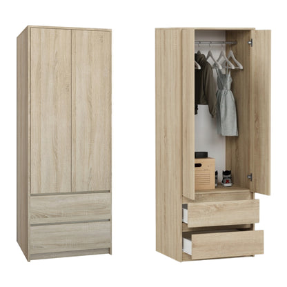 Moderner Kleiderschrank mit 2 Schubladen, 2-türiger Kleiderschrank Garderobenschrank, Platzsparender Schrank für Schlafzimmer, Ankleidezimmer, Flur, Kinderzimmer, 63x55x180 cm (BxTxH)