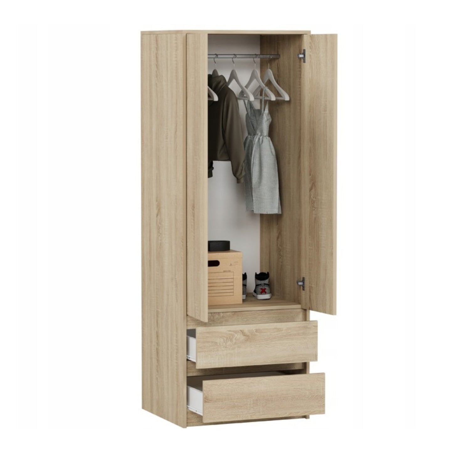 Moderner Kleiderschrank mit 2 Schubladen, 2-türiger Kleiderschrank Garderobenschrank, Platzsparender Schrank für Schlafzimmer, Ankleidezimmer, Flur, Kinderzimmer, 63x55x180 cm (BxTxH)