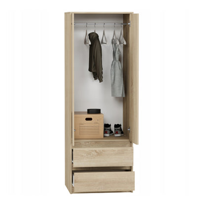 Moderner Kleiderschrank mit 2 Schubladen, 2-türiger Kleiderschrank Garderobenschrank, Platzsparender Schrank für Schlafzimmer, Ankleidezimmer, Flur, Kinderzimmer, 63x55x180 cm (BxTxH)