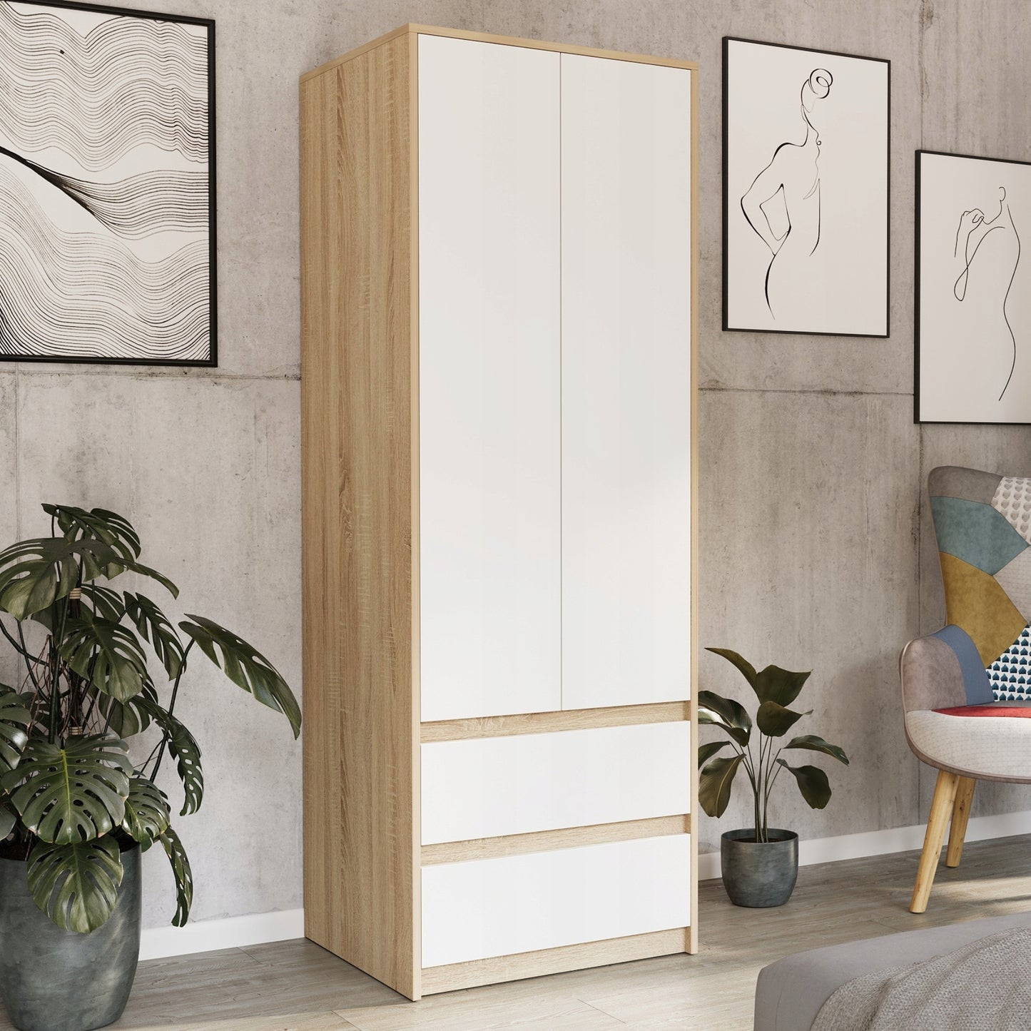 Moderner Kleiderschrank mit 2 Schubladen, 2-türiger Kleiderschrank Garderobenschrank, Platzsparender Schrank für Schlafzimmer, Ankleidezimmer, Flur, Kinderzimmer, 63x55x180 cm (BxTxH)