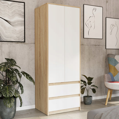 Moderner Kleiderschrank mit 2 Schubladen, 2-türiger Kleiderschrank Garderobenschrank, Platzsparender Schrank für Schlafzimmer, Ankleidezimmer, Flur, Kinderzimmer, 63x55x180 cm (BxTxH)