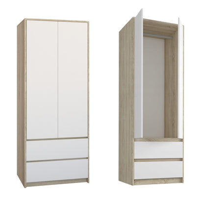 Moderner Kleiderschrank mit 2 Schubladen, 2-türiger Kleiderschrank Garderobenschrank, Platzsparender Schrank für Schlafzimmer, Ankleidezimmer, Flur, Kinderzimmer, 63x55x180 cm (BxTxH)