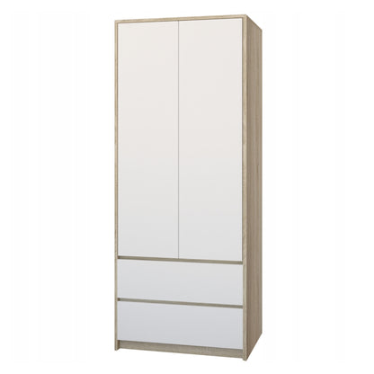 Moderner Kleiderschrank mit 2 Schubladen, 2-türiger Kleiderschrank Garderobenschrank, Platzsparender Schrank für Schlafzimmer, Ankleidezimmer, Flur, Kinderzimmer, 63x55x180 cm (BxTxH)