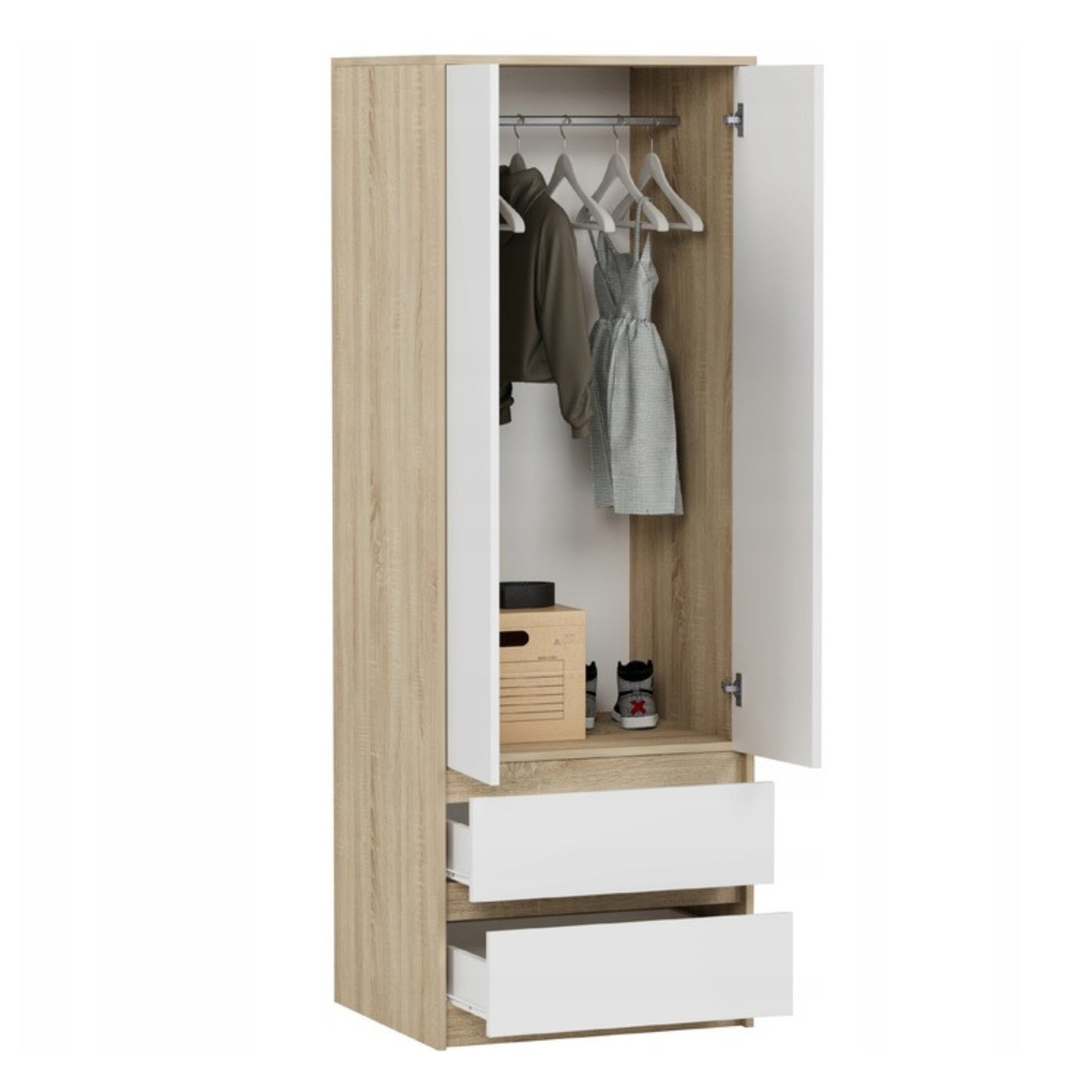 Moderner Kleiderschrank mit 2 Schubladen, 2-türiger Kleiderschrank Garderobenschrank, Platzsparender Schrank für Schlafzimmer, Ankleidezimmer, Flur, Kinderzimmer, 63x55x180 cm (BxTxH)