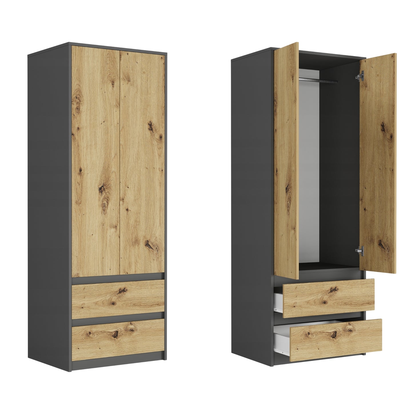 Moderner Kleiderschrank mit 2 Schubladen, 2-türiger Kleiderschrank Garderobenschrank, Platzsparender Schrank für Schlafzimmer, Ankleidezimmer, Flur, Kinderzimmer, 63x55x180 cm (BxTxH)