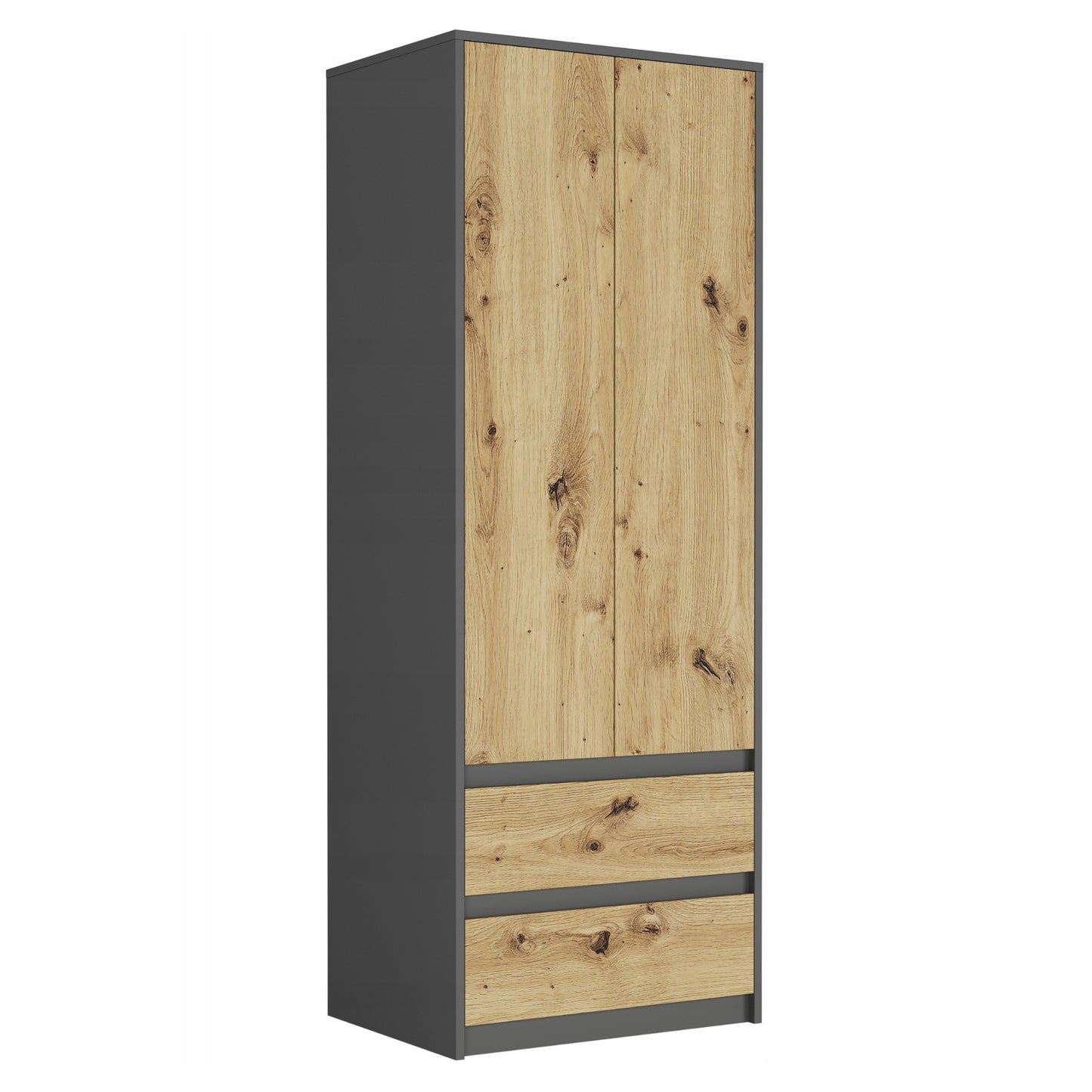 Moderner Kleiderschrank mit 2 Schubladen, 2-türiger Kleiderschrank Garderobenschrank, Platzsparender Schrank für Schlafzimmer, Ankleidezimmer, Flur, Kinderzimmer, 63x55x180 cm (BxTxH)