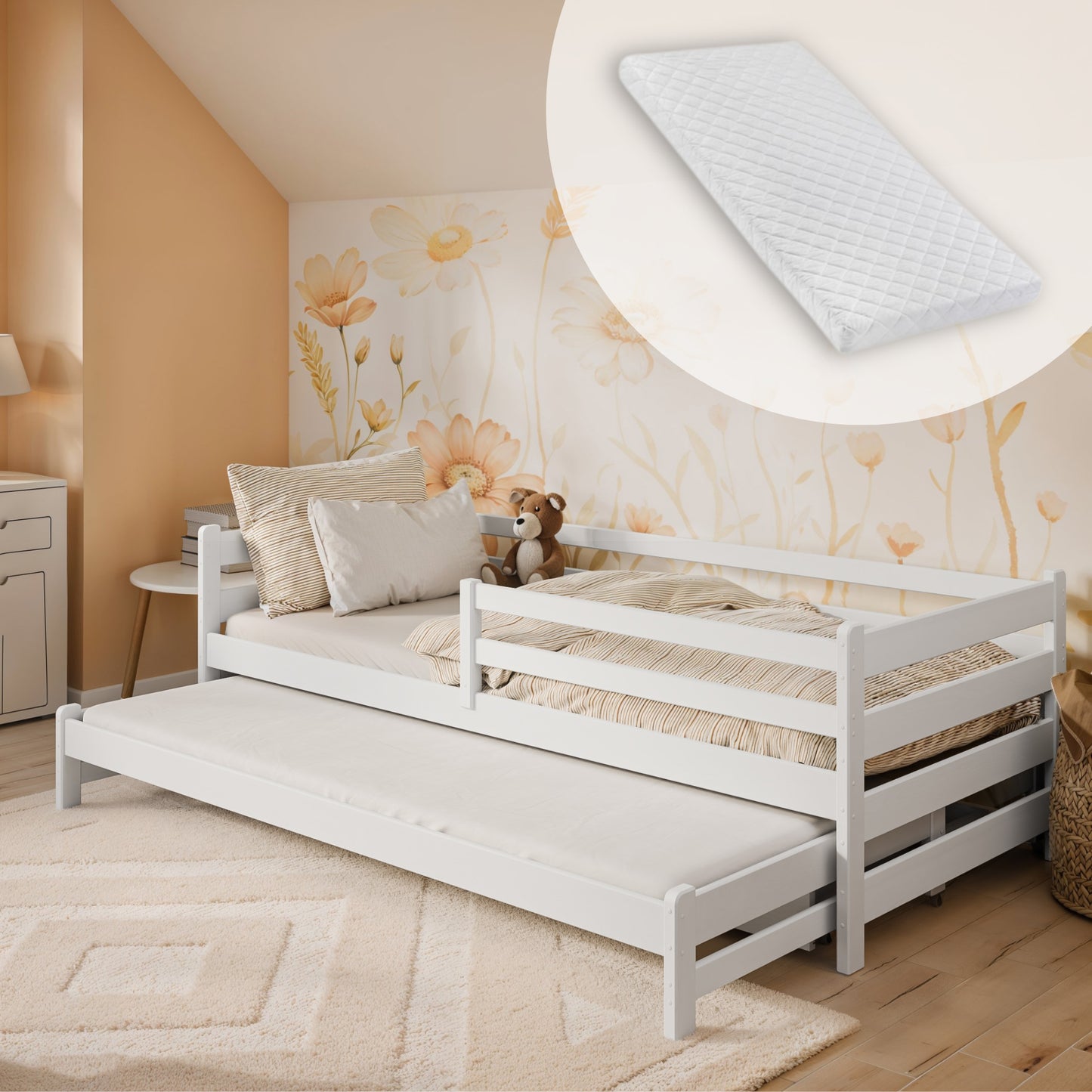 Kinderbett 90x200 mit zwei Schubladen, Rausfallschutz und Lattenrost, Vollholz massiv in weiss, Kinderbett Doppelbett Funktionsbett, optional Ausziehbett 90x190, optional Matratze