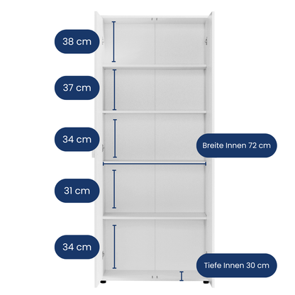 Mehrzweckschrank 75 cm breit mit Türen & Einlegeböden | Vielseitiger Haushaltsschrank für Vorräte, Putzmittel, Akten | Universalschrank für Haushalt, Flur, Büro, Keller | 75x35x184 cm (BxTxH) | Weiß