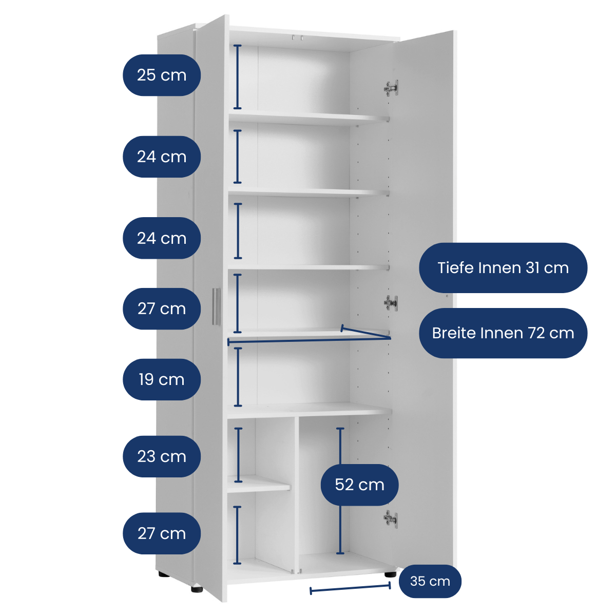 Mehrzweckschrank 75 cm breit mit Türen & Einlegeböden | Vielseitiger Haushaltsschrank für Vorräte, Putzmittel, Akten | Universalschrank für Haushalt, Flur, Büro, Keller | 75x35x184 cm (BxTxH) | Weiß
