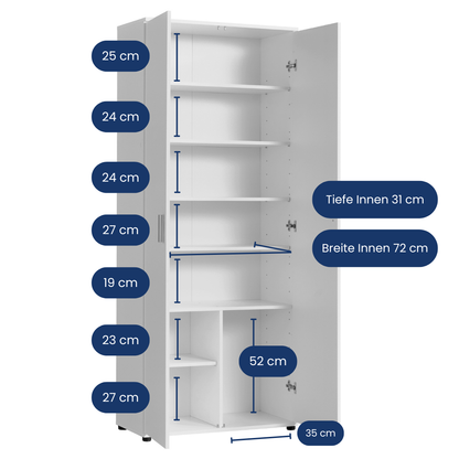 Mehrzweckschrank 75 cm breit mit Türen & Einlegeböden | Vielseitiger Haushaltsschrank für Vorräte, Putzmittel, Akten | Universalschrank für Haushalt, Flur, Büro, Keller | 75x35x184 cm (BxTxH) | Weiß
