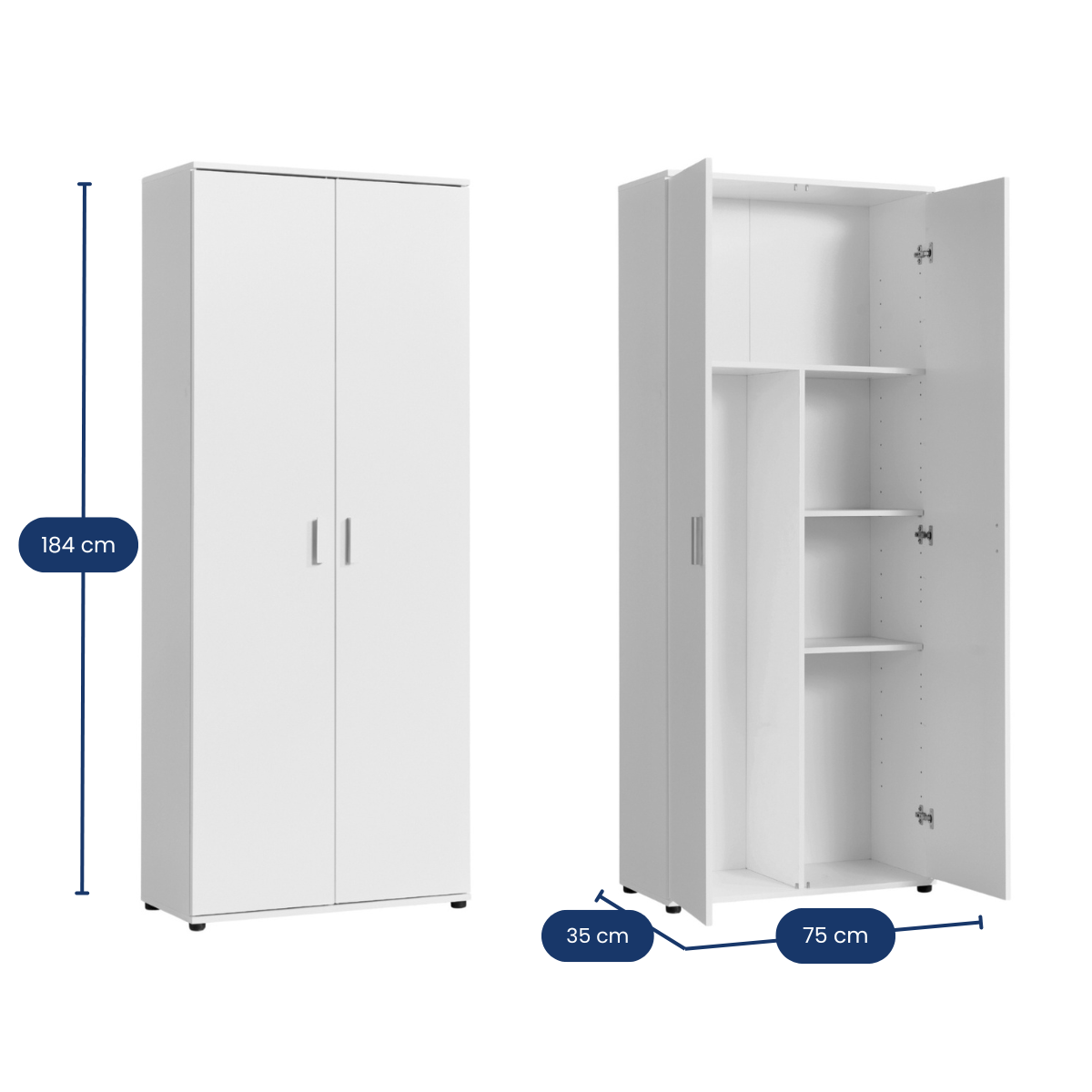 Mehrzweckschrank 75 cm breit mit Türen & Einlegeböden | Vielseitiger Haushaltsschrank für Vorräte, Putzmittel, Akten | Universalschrank für Haushalt, Flur, Büro, Keller | 75x35x184 cm (BxTxH) | Weiß