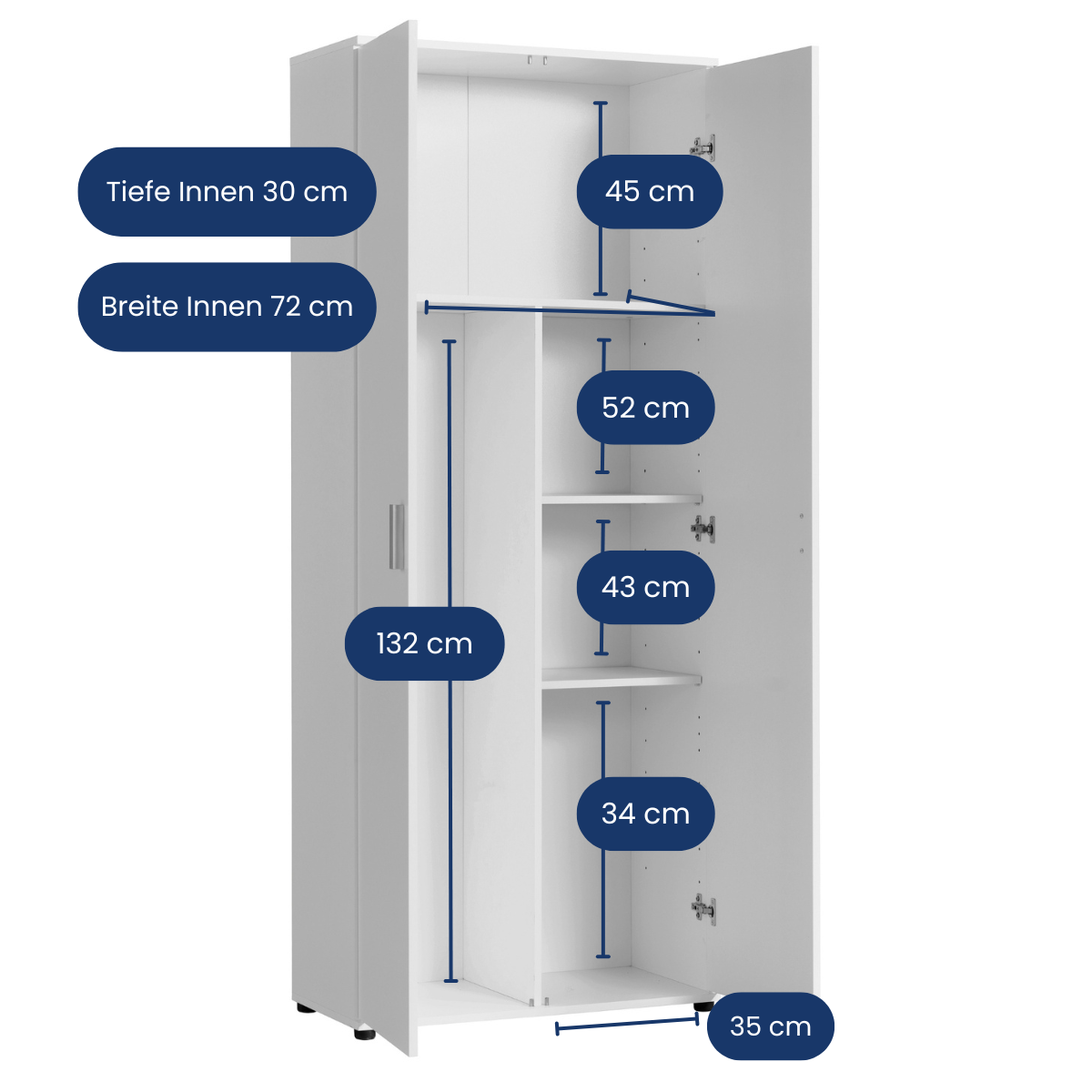 Mehrzweckschrank 75 cm breit mit Türen & Einlegeböden | Vielseitiger Haushaltsschrank für Vorräte, Putzmittel, Akten | Universalschrank für Haushalt, Flur, Büro, Keller | 75x35x184 cm (BxTxH) | Weiß