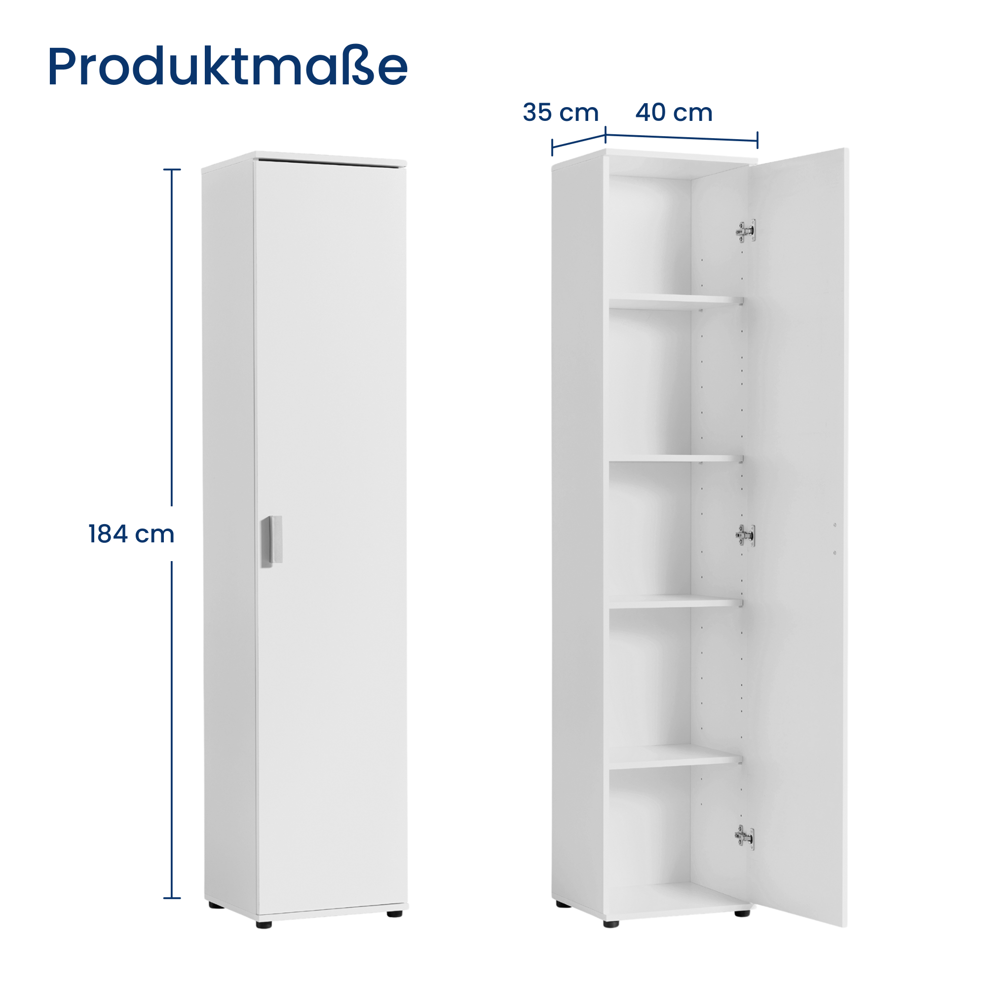Schmaler Mehrzweckschrank 40 cm breit mit 1 Tür & 4 Einlegeböden