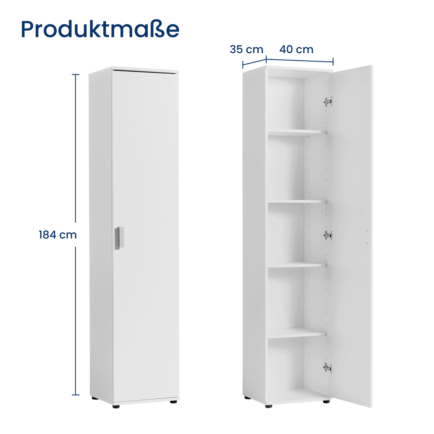 Schmaler Mehrzweckschrank 40 cm breit mit 1 Tür & 4 Einlegeböden | Universalschrank Haushaltsschrank für Haushalt, Flur, Büro oder Schlafzimmer | 40x35x184 cm (BxTxH)
