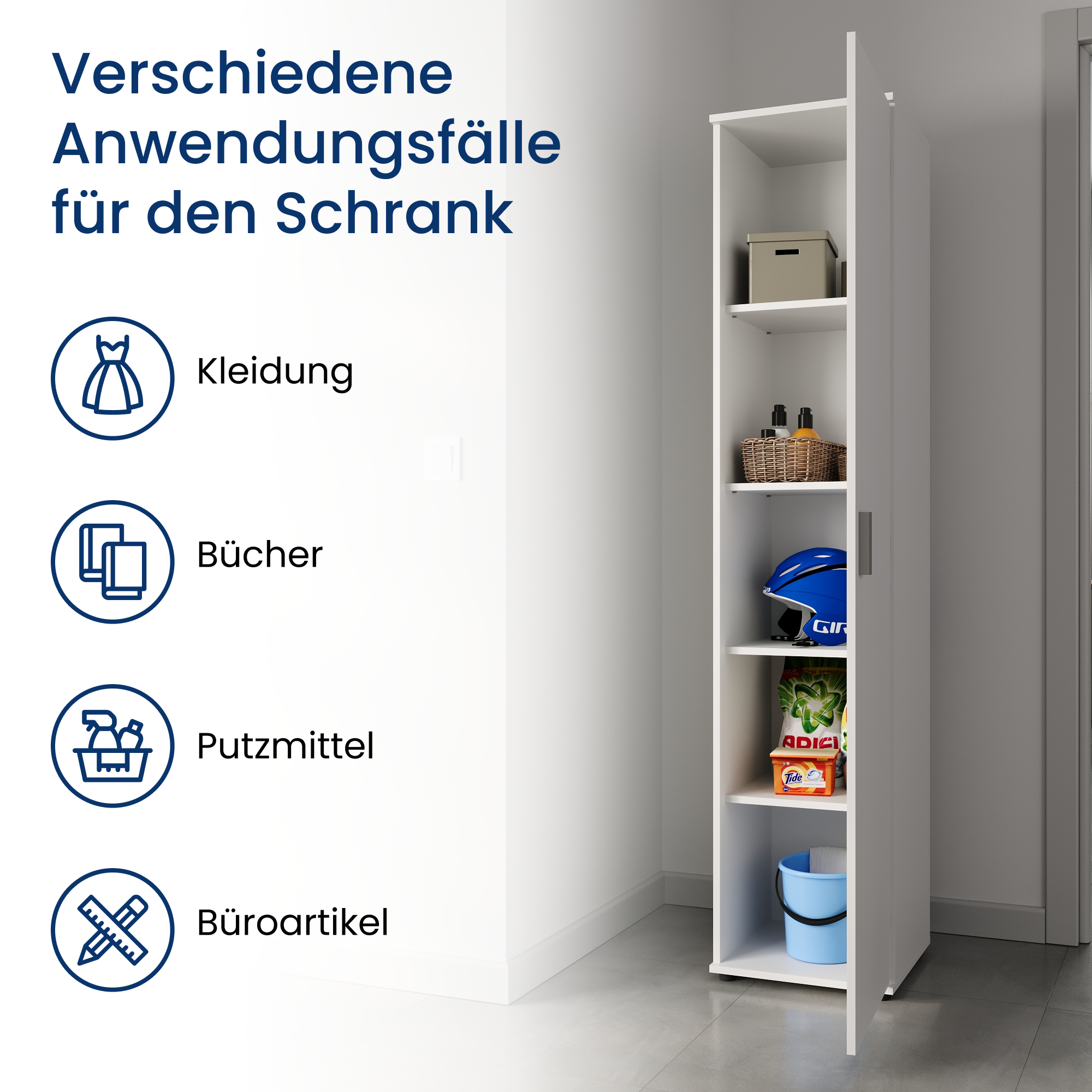 Schmaler Mehrzweckschrank 40 cm breit mit 1 Tür & 4 Einlegeböden