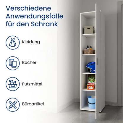 Schmaler Mehrzweckschrank 40 cm breit mit 1 Tür & 4 Einlegeböden | Universalschrank Haushaltsschrank für Haushalt, Flur, Büro oder Schlafzimmer | 40x35x184 cm (BxTxH)