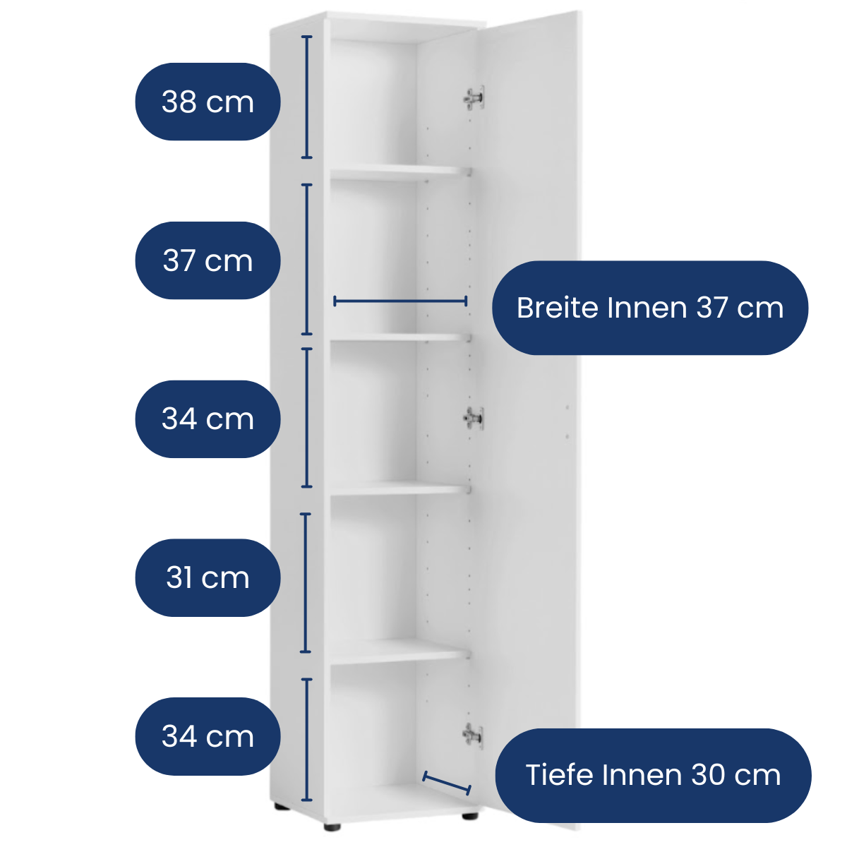 Schmaler Mehrzweckschrank 40 cm breit mit 1 Tür & 4 Einlegeböden
