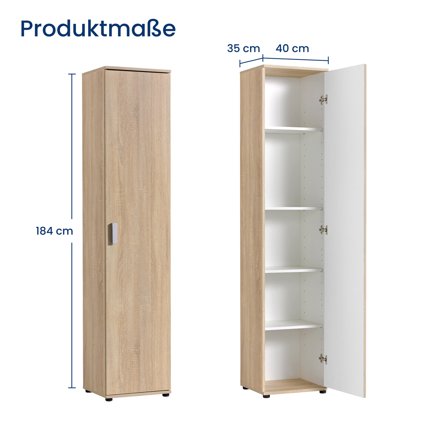 Schmaler Mehrzweckschrank 40 cm breit mit 1 Tür & 4 Einlegeböden | Universalschrank Haushaltsschrank für Haushalt, Flur, Büro oder Schlafzimmer | 40x35x184 cm (BxTxH)