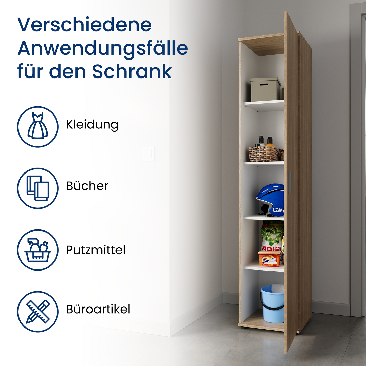 Schmaler Mehrzweckschrank 40 cm breit mit 1 Tür & 4 Einlegeböden | Universalschrank Haushaltsschrank für Haushalt, Flur, Büro oder Schlafzimmer | 40x35x184 cm (BxTxH)