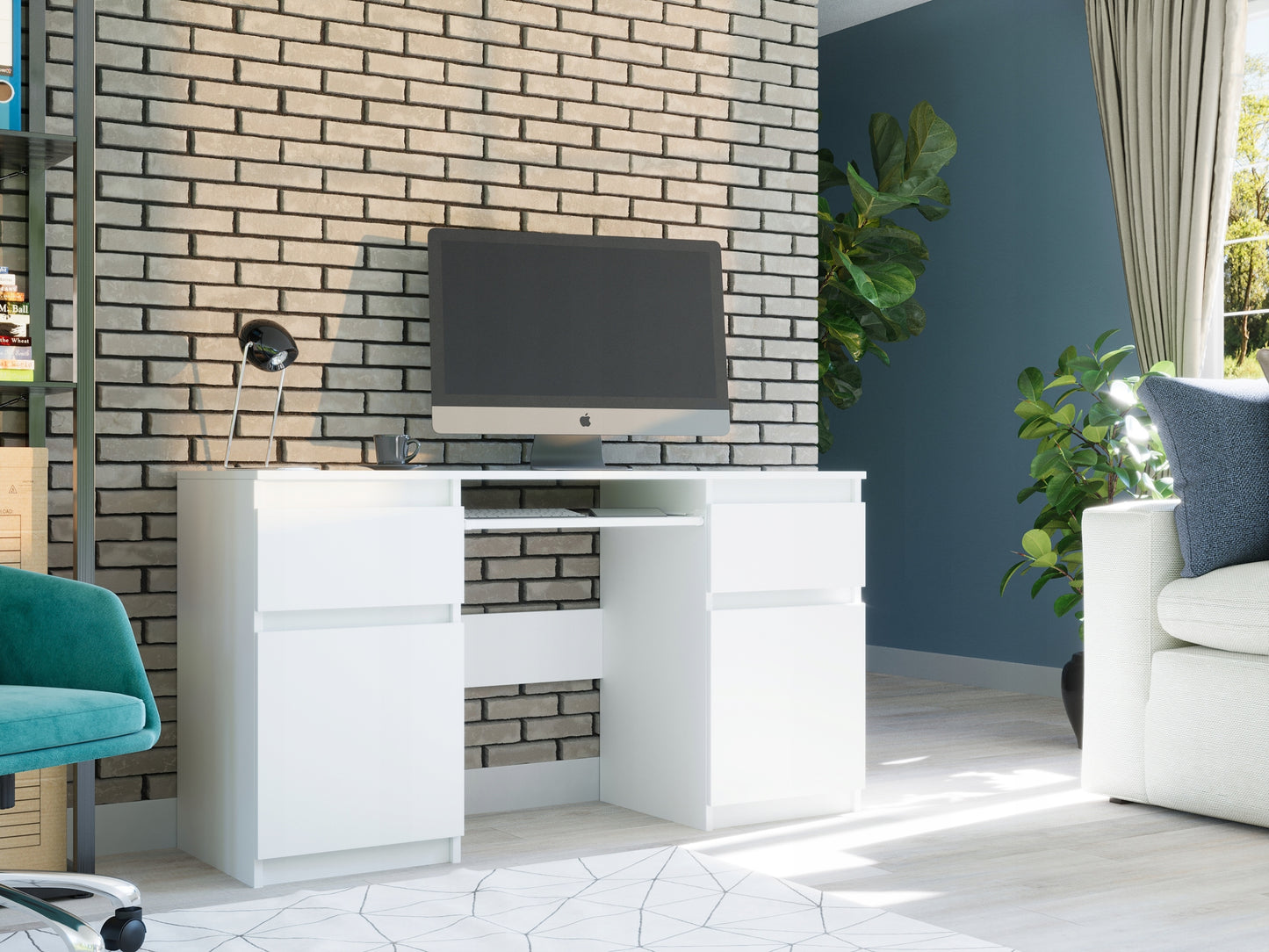 Eckschreibtisch mit Stauraum, Schreibtisch mit Schubladen, Computertisch | 2 Schubladen, 2 Türen, Tastaturablage | Stabil & modern | 135x50x76 cm (BxTxH)