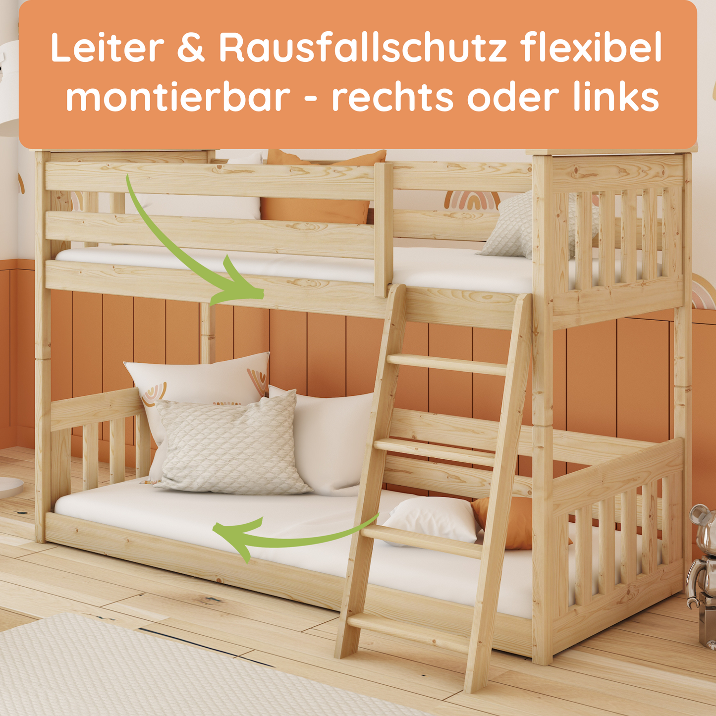 Hochbett 90x200 cm mit Matratze (optional) Rausfallschutz & zwei Lattenroste in weiß und natur Mädchen Jungen Bett Kinderbett Jugendbett 200x90 cm