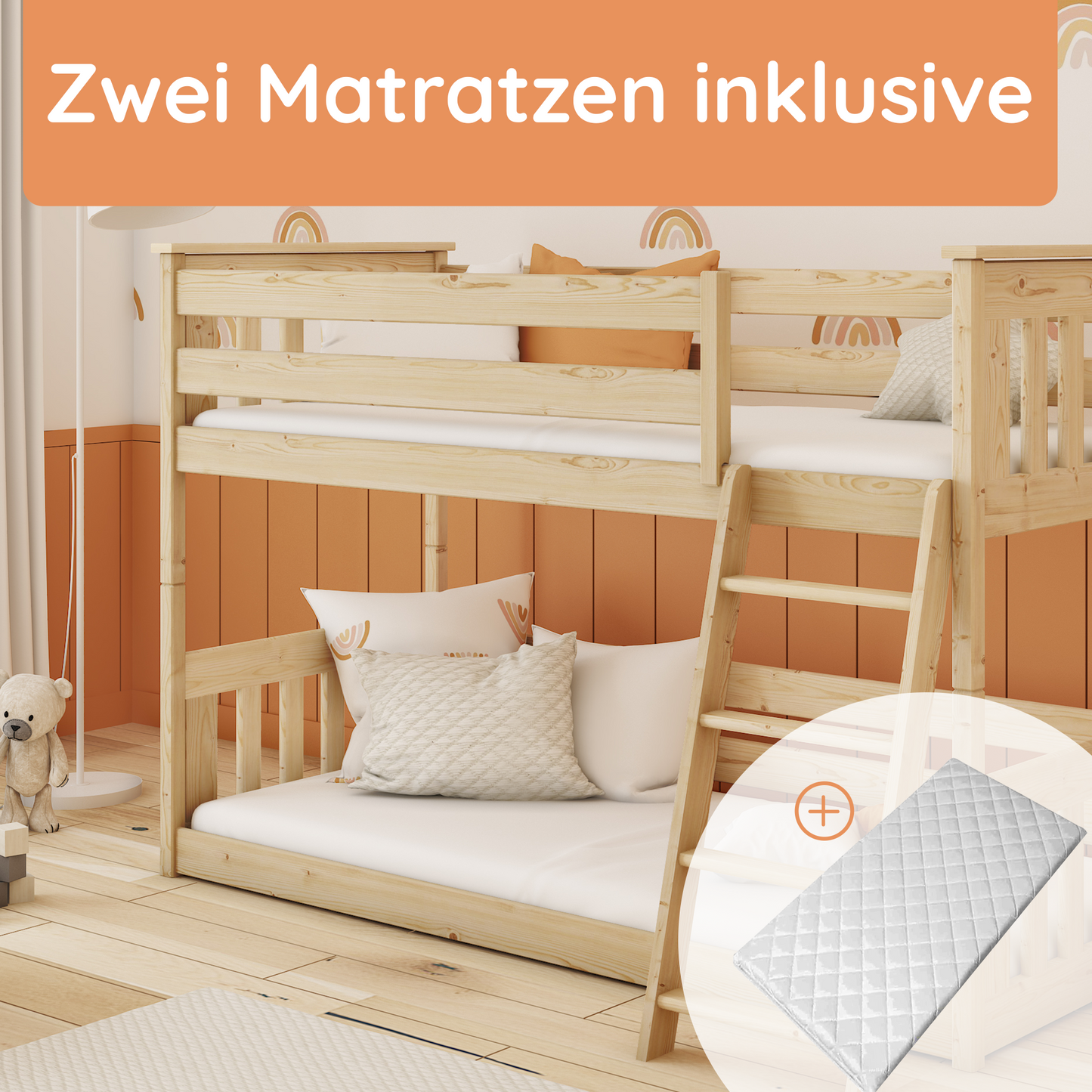 Hochbett 90x200 cm mit Matratze (optional) Rausfallschutz & zwei Lattenroste in weiß und natur Mädchen Jungen Bett Kinderbett Jugendbett 200x90 cm