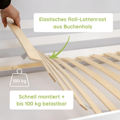 Hochbett 90x200 mit Ausziehbett und drei Matratzen (optional) Etagenbett mit Ausziehfunktion, zwei Schubladen, Lattenrost, Rausfallschutz, umbaubar in drei Einzelbetten, Vollholz massiv