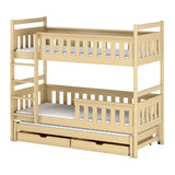 Hochbett 90x200 mit Ausziehbett und drei Matratzen (optional) Etagenbett mit Ausziehfunktion, zwei Schubladen, Lattenrost, Rausfallschutz, umbaubar in drei Einzelbetten, Vollholz massiv