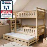 Hochbett 90x200 mit Ausziehbett und drei Matratzen (optional) Etagenbett mit Ausziehfunktion, zwei Schubladen, Lattenrost, Rausfallschutz, umbaubar in drei Einzelbetten, Vollholz massiv