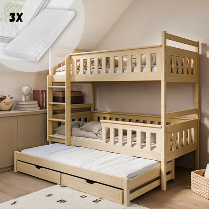 Hochbett 90x200 mit Ausziehbett und drei Matratzen (optional) Etagenbett mit Ausziehfunktion, zwei Schubladen, Lattenrost, Rausfallschutz, umbaubar in drei Einzelbetten, Vollholz massiv in weiss