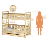 Hochbett 90x200 mit Ausziehbett und drei Matratzen (optional) Etagenbett mit Ausziehfunktion, zwei Schubladen, Lattenrost, Rausfallschutz, umbaubar in drei Einzelbetten, Vollholz massiv