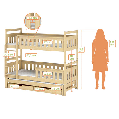 Hochbett 90x200 mit Ausziehbett und drei Matratzen (optional) Etagenbett mit Ausziehfunktion, zwei Schubladen, Lattenrost, Rausfallschutz, umbaubar in drei Einzelbetten, Vollholz massiv