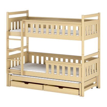 Hochbett 90x200 mit Ausziehbett und drei Matratzen (optional) Etagenbett mit Ausziehfunktion, zwei Schubladen, Lattenrost, Rausfallschutz, umbaubar in drei Einzelbetten, Vollholz massiv