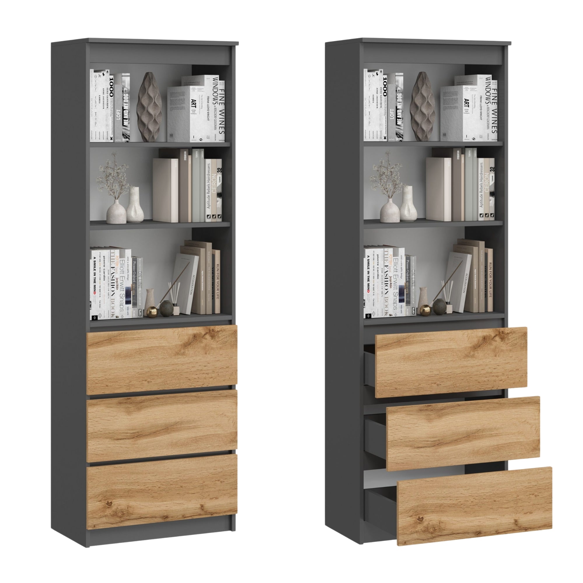 Aktenregal Standregal mit 3 Schubladen und 3 offenen Fächern 60 cm, hoher Schubladenschrank aus MDF Holz | 60x35x180 cm (BxTxH)