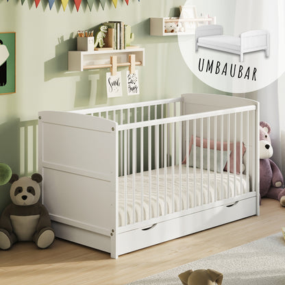 Babybett 60x120 und 70x140 mit Schublade, Gitterbett, Kinderbett, höhenverstellbar & herausnehmbare Sprossen optional mit Matratze | Weiß