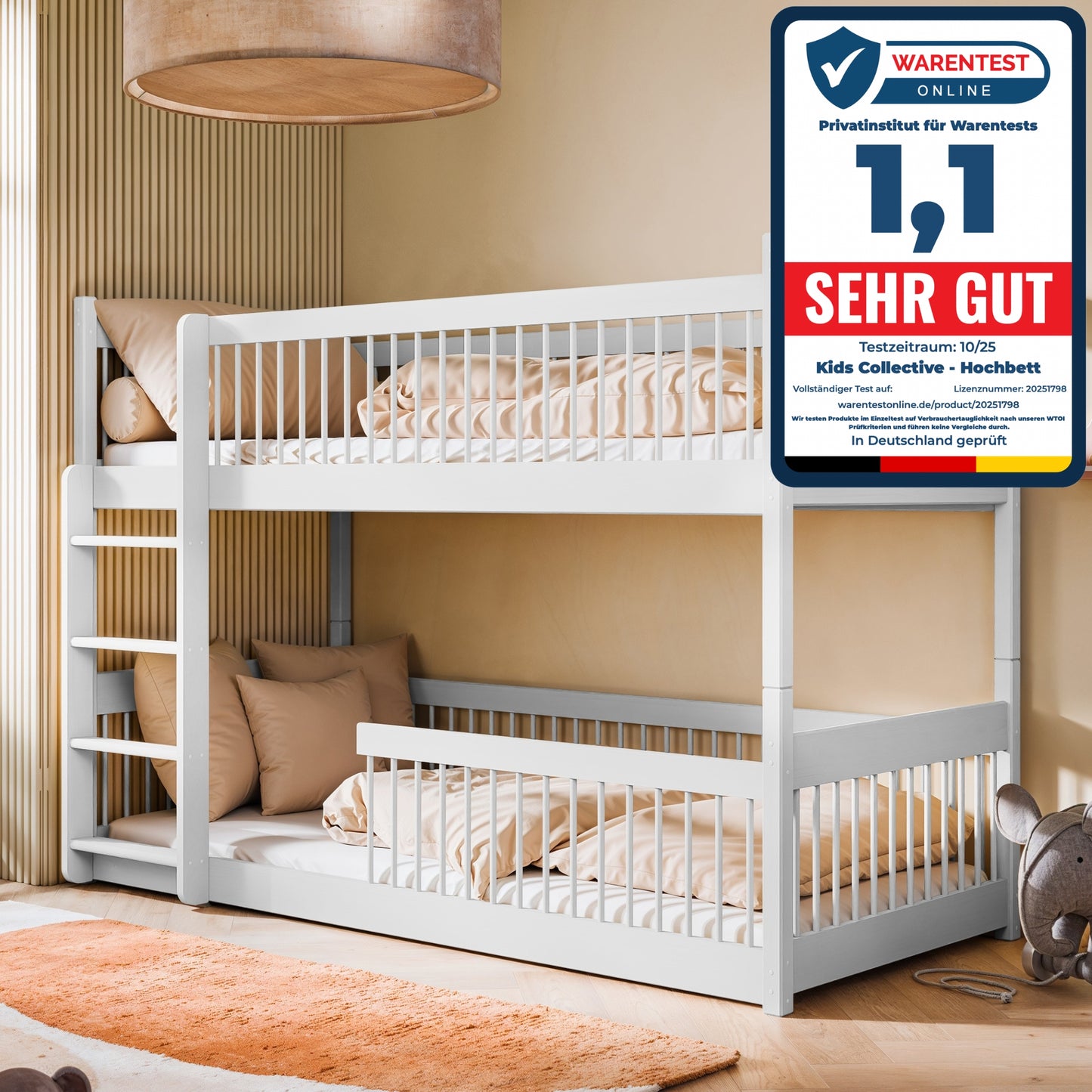 Hochbett Kinder, Etagenbett, Kinderbett | Massives Kiefernholz, abgerundete Kanten, umbaubar zu 2 Betten, optional mit 2 Matratzen | Größen: 80x180, 90x190, 90x200 cm