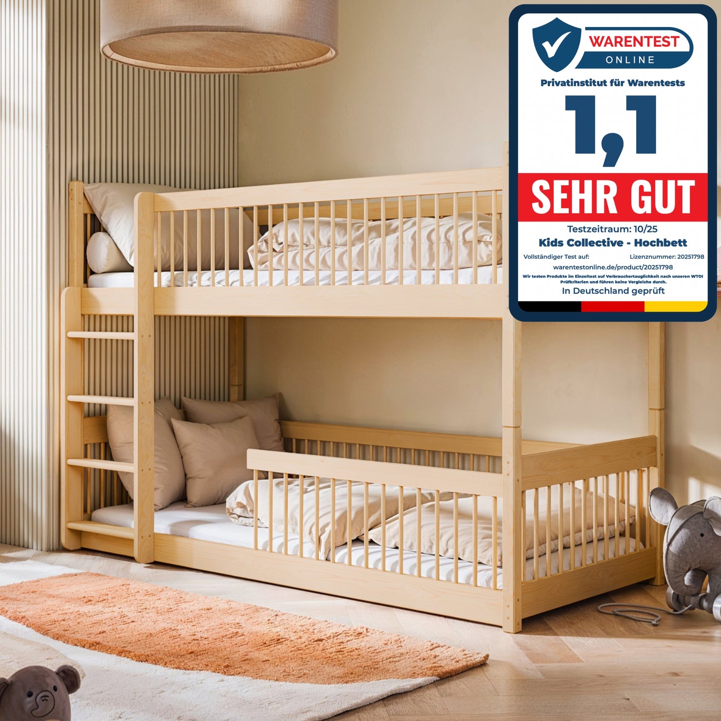 Hochbett Kinder, Etagenbett, Kinderbett | Massives Kiefernholz, abgerundete Kanten, umbaubar zu 2 Betten, optional mit 2 Matratzen | Größen: 80x180, 90x190, 90x200 cm