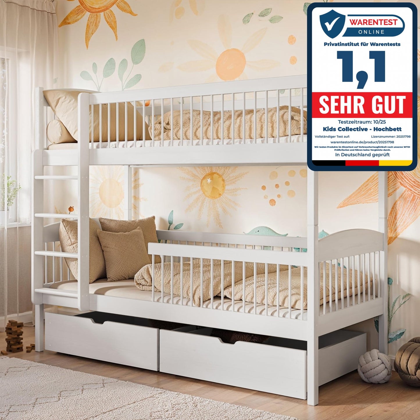 Hochbett Kinder, Etagenbett, Kinderbett | Massives Kiefernholz, 2 Schubladen, sicher & funktional | Größen: 80x180, 90x190, 90x200 cm